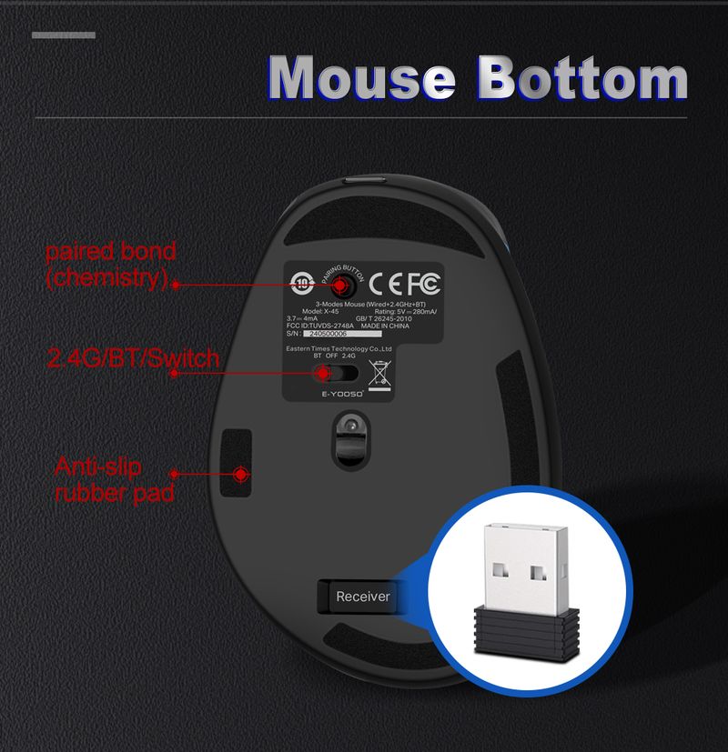 E-YOOSO X-45 USB Gaming Vertical Mouse Support Bluetooth 2.4G Wireless PAW3212 4800 DPI For Gamer Mice Computer Laptop_voghion.com