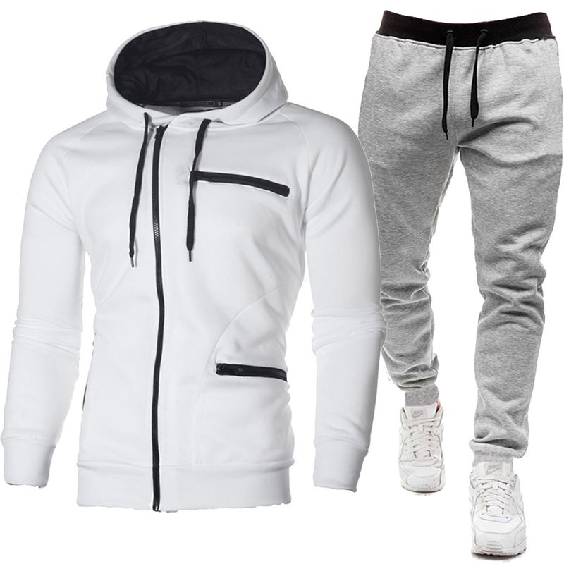 Nuevo conjunto de sudadera con capucha y chaqueta y pantalones deportivos de color sólido con cremallera informal para hombre_voghion.com