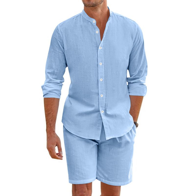Adatto a tutte le stagioni, camicia da uomo in lino con bottoni, pantaloncini a maniche lunghe, cardigan, semplice e casual, completo da spiaggia._voghion.com