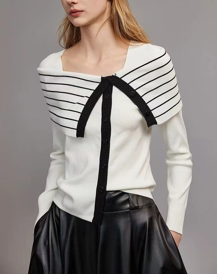 Women's Clothing Black And White Striped Two Piece Slim Wool Sweater New Design Temperament Sweater_voghion.com