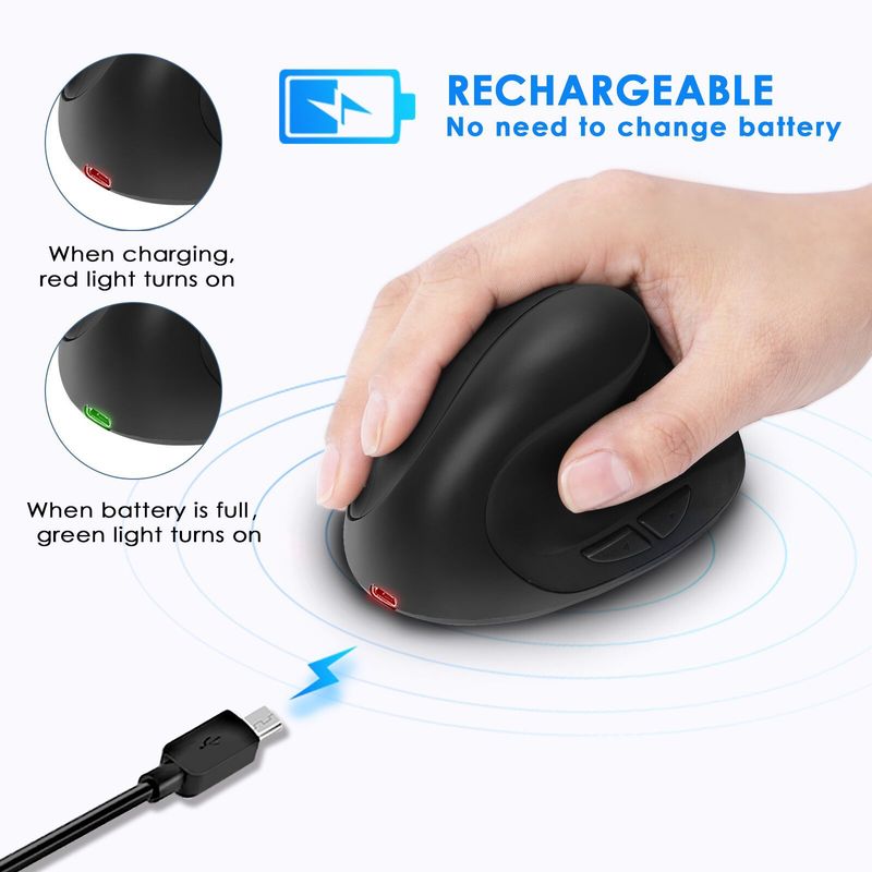 Mouse vertical ergonômico – sem fio 2.4G, 1600 DPI, programável com 6 teclas, recarregável/bateria, clique silencioso (preto/prata/rosa)_voghion.com