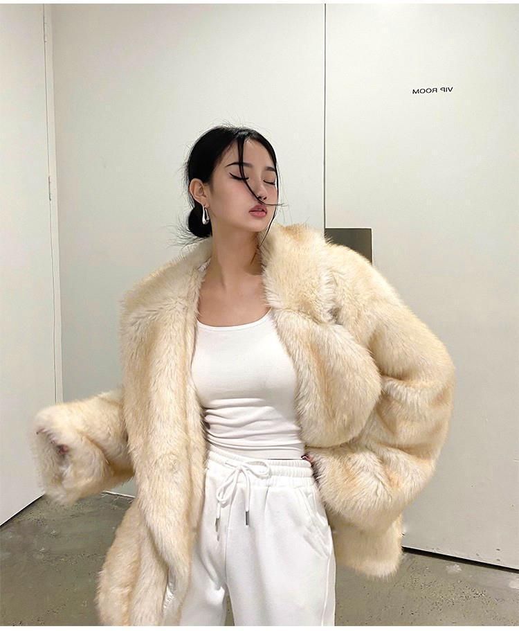 Women's Clothing Luxury Faux Fox Fur Coat Women's Longline Casual Oversized Lapel Plush Jacket - Coffee Tip / White With Yellow Tip_voghion.com