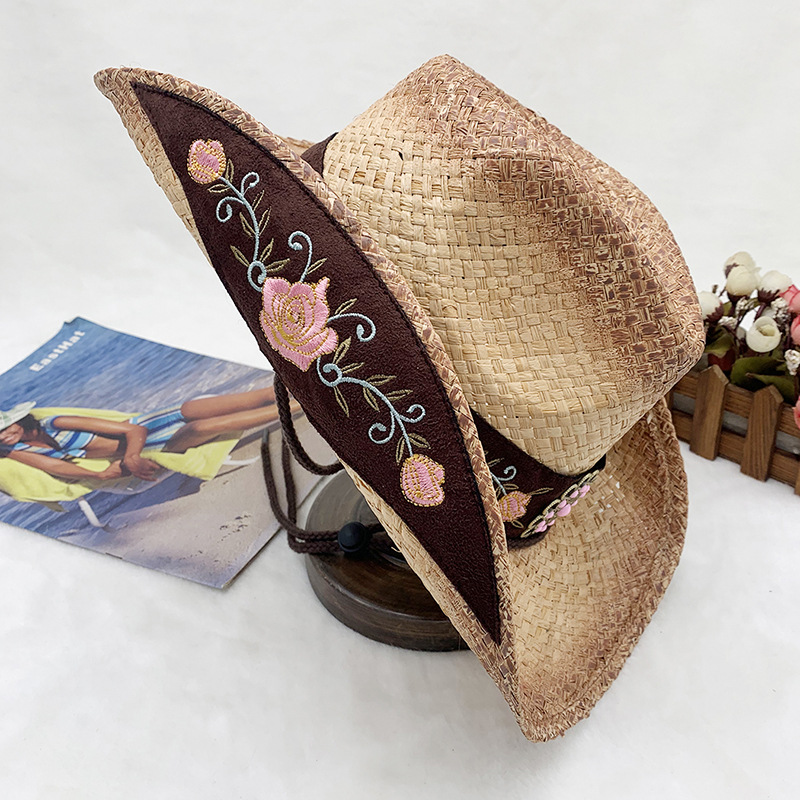 Handgewebter Cowboyhut aus Raffiagras mit Sonnenschutz und gerolltem Rand, bestickter Strohhut_voghion.com