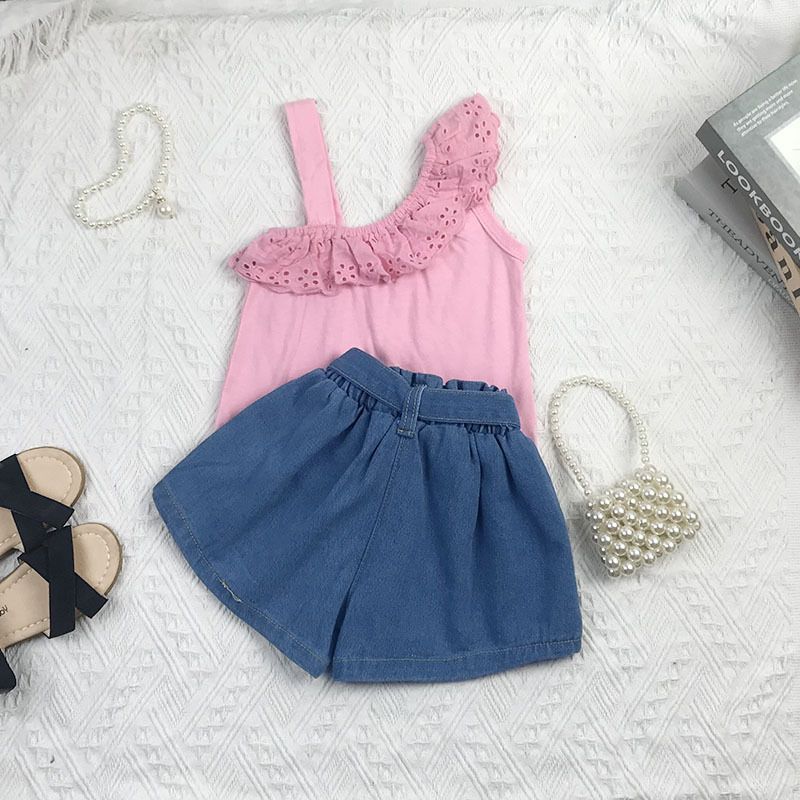 Babykleidung Mädchen Sommerset einfarbig One-Shoulder ärmelloses Spitzenoberteil Jeansshorts zweiteiliges Set_voghion.com