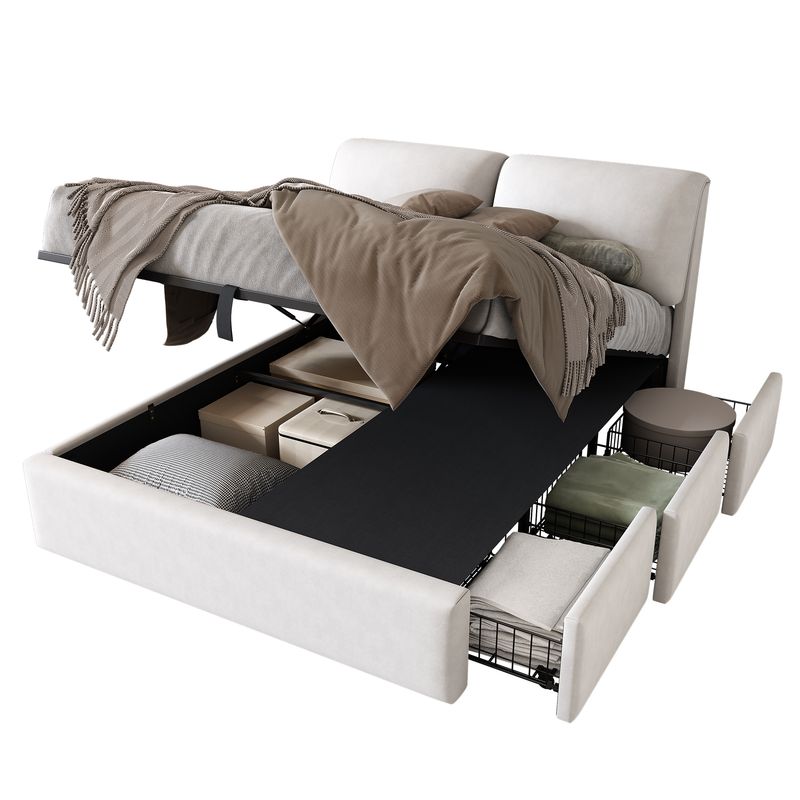 Lit coffre hydraulique 140 x 200 cm, 3 tiroirs, cadre de lit capitonné en velours beige avec sommier à lattes et tête de lit, matelas non inclus._voghion.com