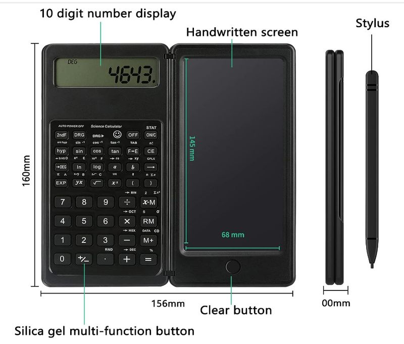 Solar Scientific Calculator With Writing Pad - 2-in-1 Portable Mini Foldable Calculator For Students & Professionals, 12-Digit Display, Dual Power_voghion.com