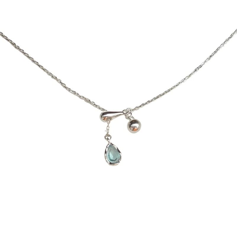 Sterling Silver Blue Water Drop Necklace Women's Adjustable Clavicle Chain Ins Silver Necklace_voghion.com