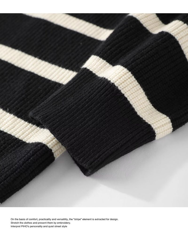 Pull en tricot demi-zip pour homme – Pull décontracté rayé style Hong Kong pour l'automne et l'hiver (noir, tailles M à 3XL)_voghion.com