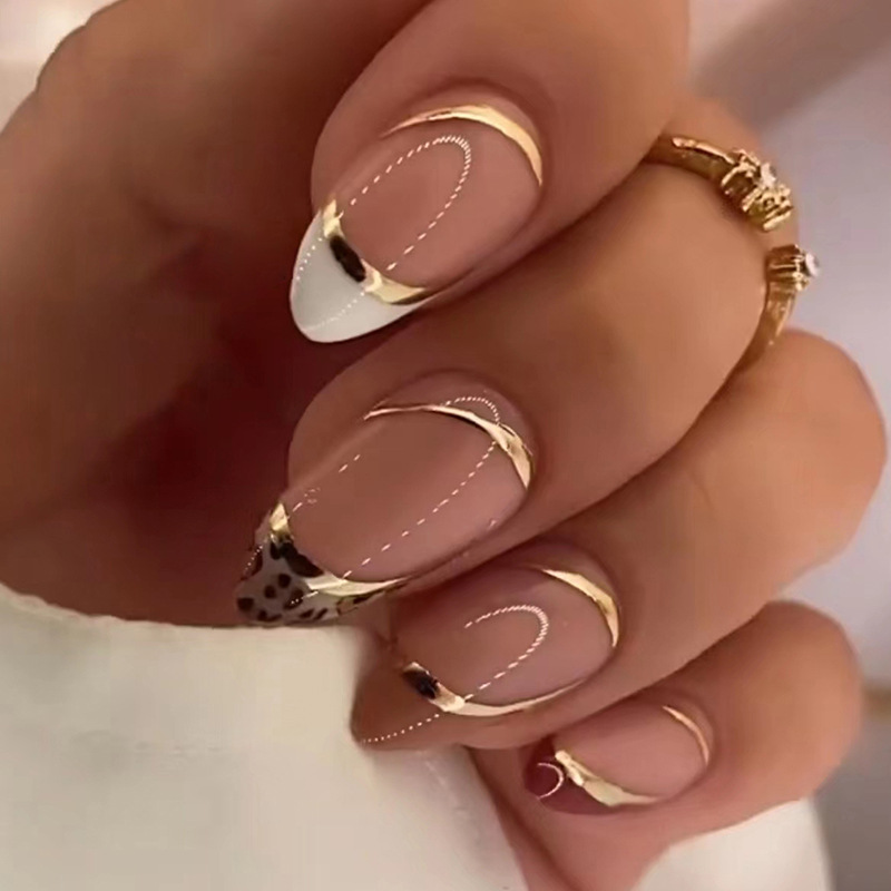 Frosting False 24 Stück Nagelspitzen mit goldenen Glitzer-Designs, französische Strass-Maniküre, Stiletto, Fake N Set Pres_voghion.com