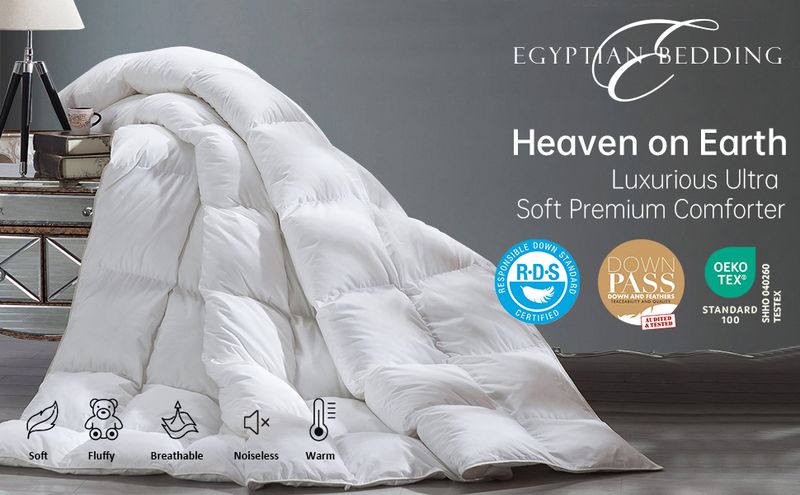 Luxurious Queen Size Goose Down Fiber Waterfowl Feather Fiber Comforter Duvet, 100% Cover, 48 Oz. Fill Weight, Baffle Box Design, White Solid_voghion.com