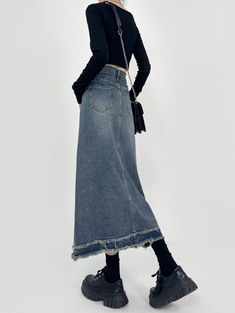Robuuste denim voor vrouwen met een zomers Instagram-stijlgevoel, een hoge taille halfrok, A-lijn omwikkelde billen_voghion.com