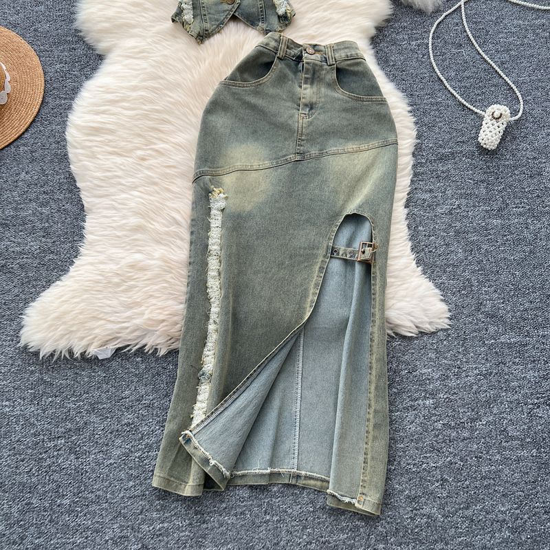 Women's Clothing Retro Washed Distressed Halter Neck Sleeveless Lapel Raw Edge Denim Top Slit Slim Skirt Two Piece Set_voghion.com