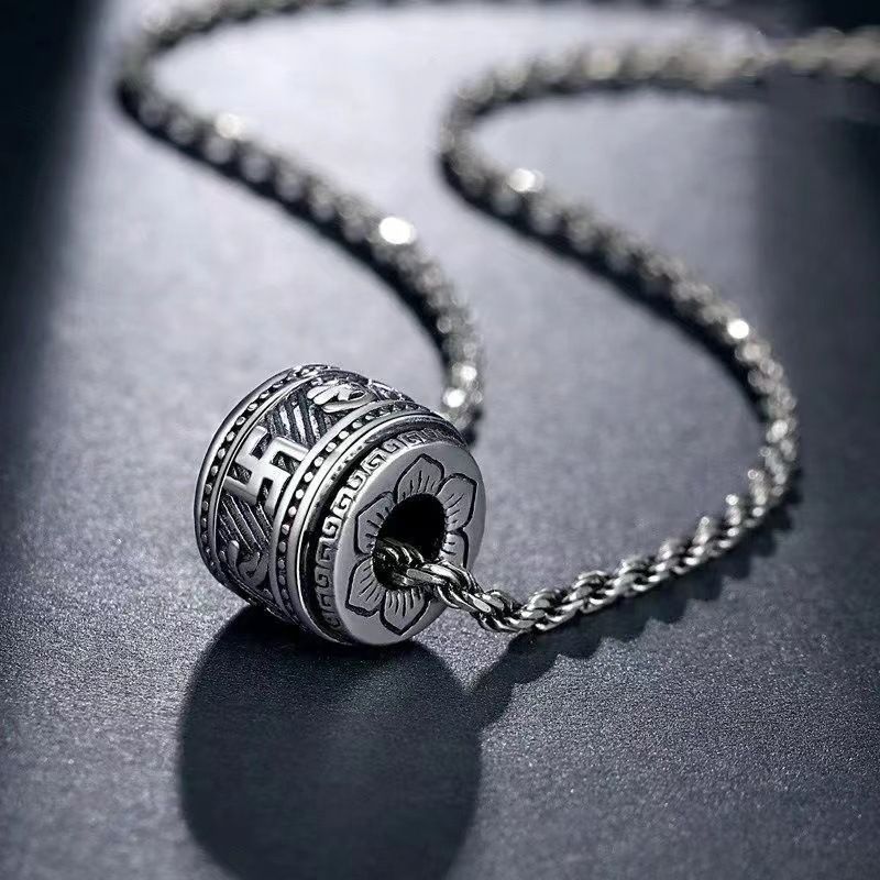 Collana da uomo retrò in argento tailandese con sei caratteri Mantra, pendente creativo personalizzato, girevole, in stile vecchio stile, da uomo e da donna_voghion.com