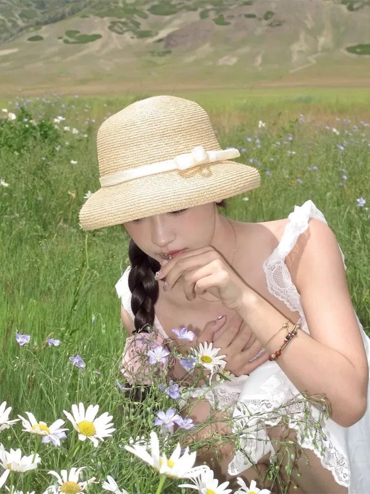 Hepburn-style High-end Wicker Summer Bow Handmade Luxury Women's Straw Hat_voghion.com