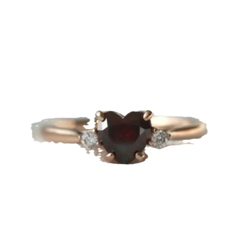 Three Heroes Set Heart Shaped Pigeon Blood Red Garnet Ring, Cute And Sweet, Rose Gold Plated Diamond Ring For Women_voghion.com
