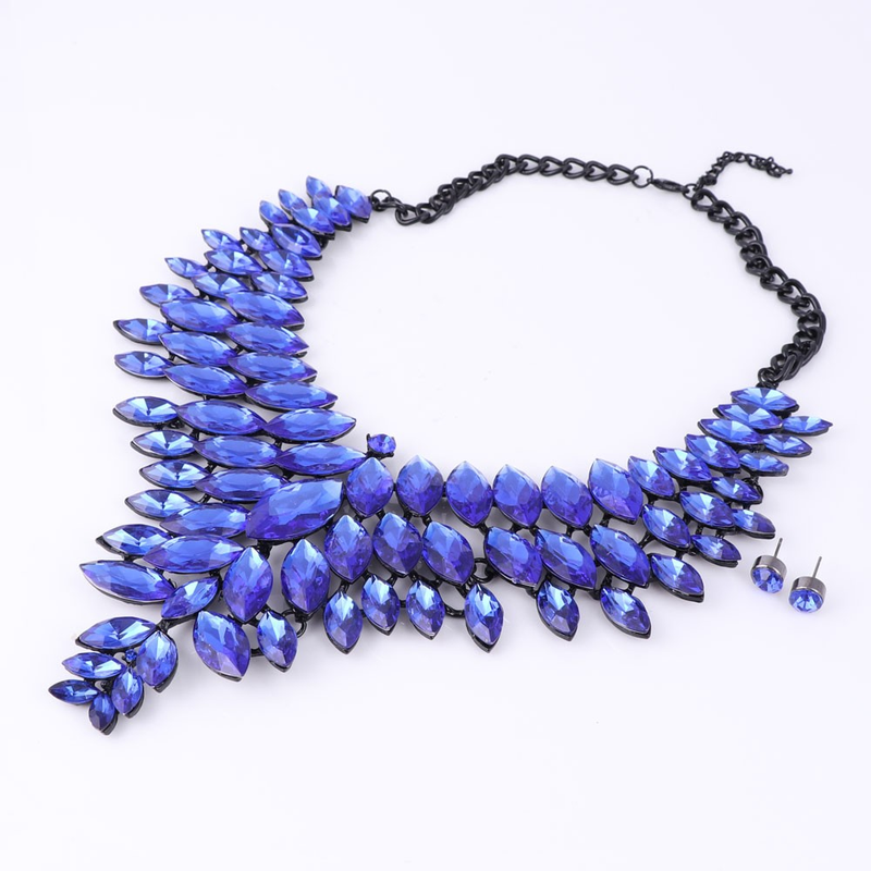 Schwarze Kette Kristall Braut Statement-Schmuck-Set für Bräute Halskette Ohrring Hochzeit Zubehör Schmuck-Sets_voghion.com