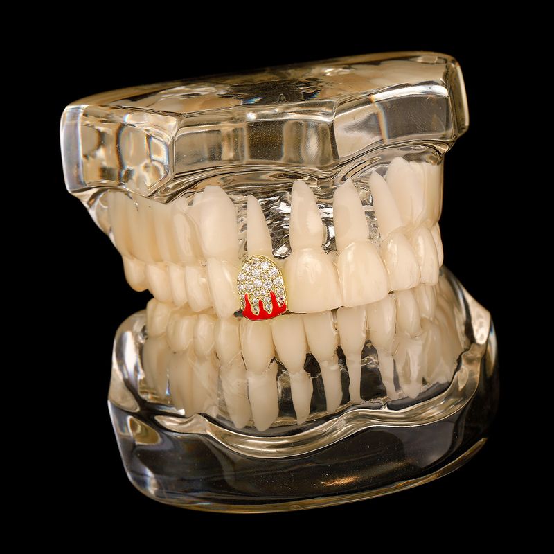 Gioielli unisex alla moda, motivo a fiamma singola e doppia, denti in oro zirconio, decorazione per denti abbinata, apparecchio per denti HIPHOP_voghion.com