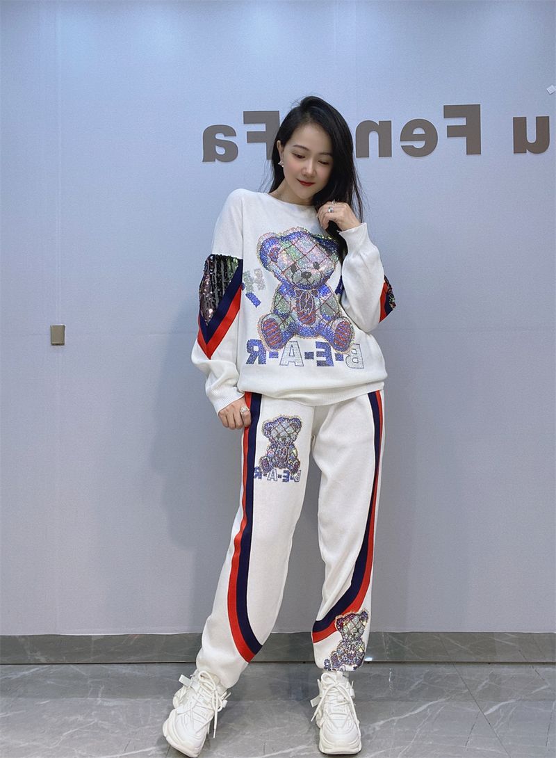 Women’s Clothing Large Size Women's Fashion Sequined Casual Suits For Women Autumn New Hot Diamond Sweater Trousers Sportswear Two Piece Suit Trendy_voghion.com