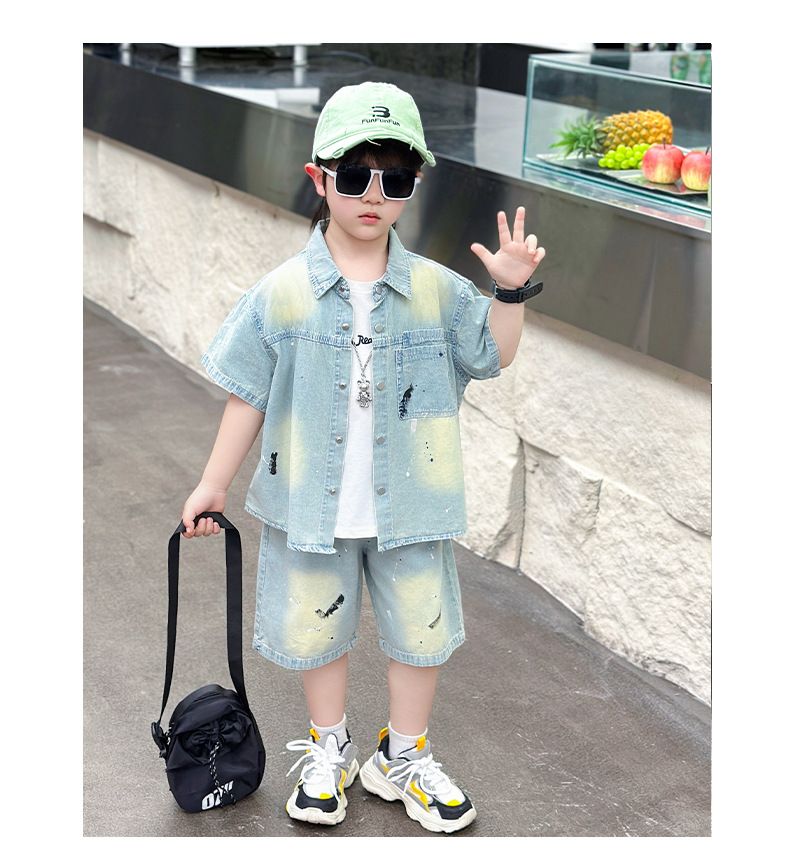 Camicie in denim a maniche corte per mamma e bambini, abbigliamento casual per ragazzi_voghion.com