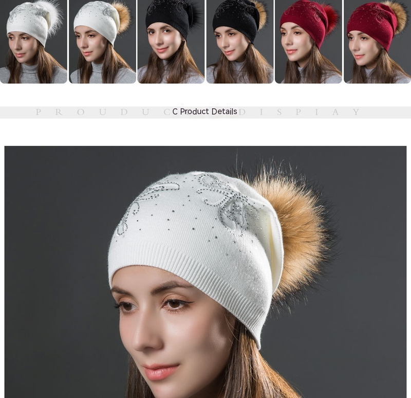 Women's Winter Fur Raccoon Ball Warm Hot Diamond Hollow Butterfly Knitted Versatile Fashion Pullover Hat_voghion.com