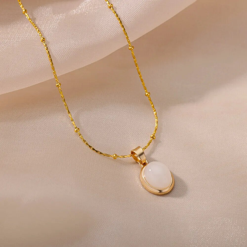 Fashion Stone Opal Oval Necklace For Women Stainless Steel Gold Color Oval Stone Pendant Necklace Wedding Aesthetic Jewelry Gift_voghion.com