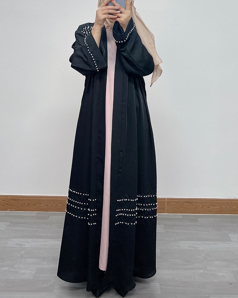 Elegant Dubai Pearl-Embellished Abaya – Long Sleeve Open Front Robe Dress (Black/Burgundy, S-XXL)_voghion.com