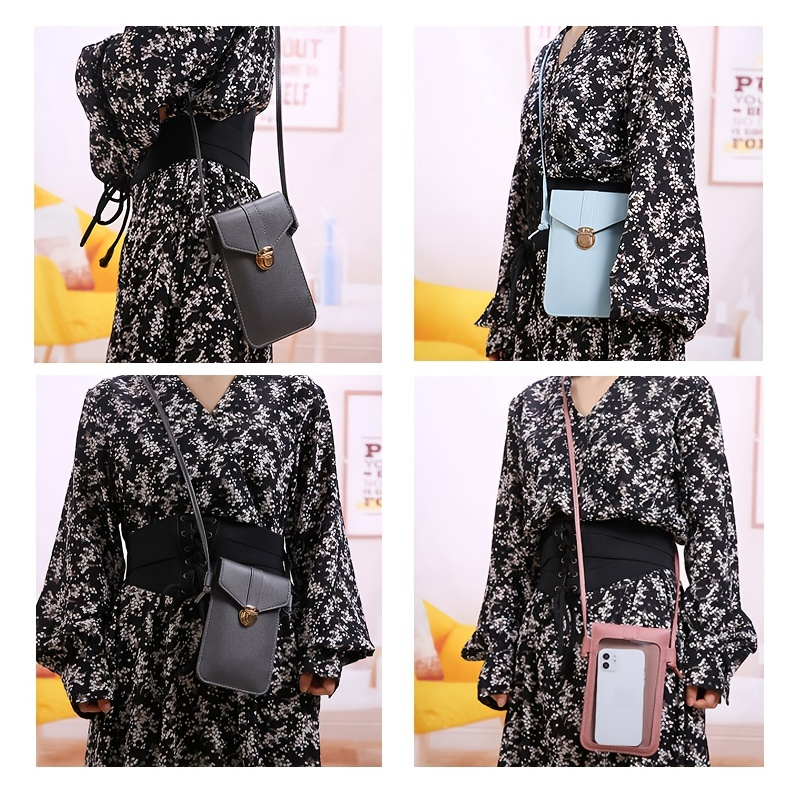 Sac pour téléphone à écran tactile Mini sac à bandoulière en cuir polyvalent de couleur unie à rabat petit porte-monnaie_voghion.com