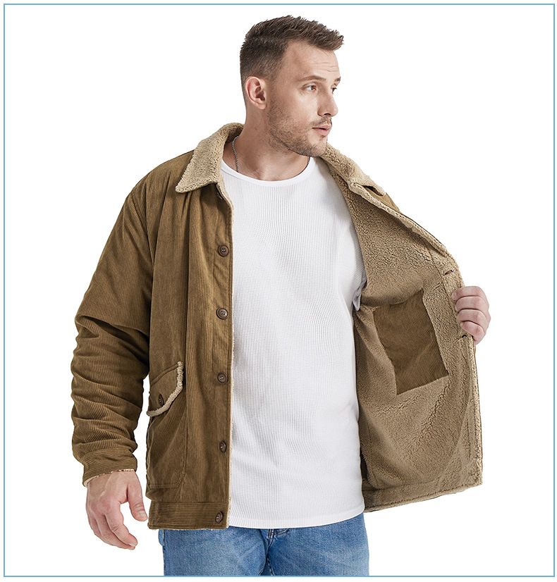 "Herrenjacke aus Cord und Lammfell mit Revers – Plüschiger, dicker Mantel in großer Größe (Schwarz/Grün/Hellbraun, S-XXL)"_voghion.com