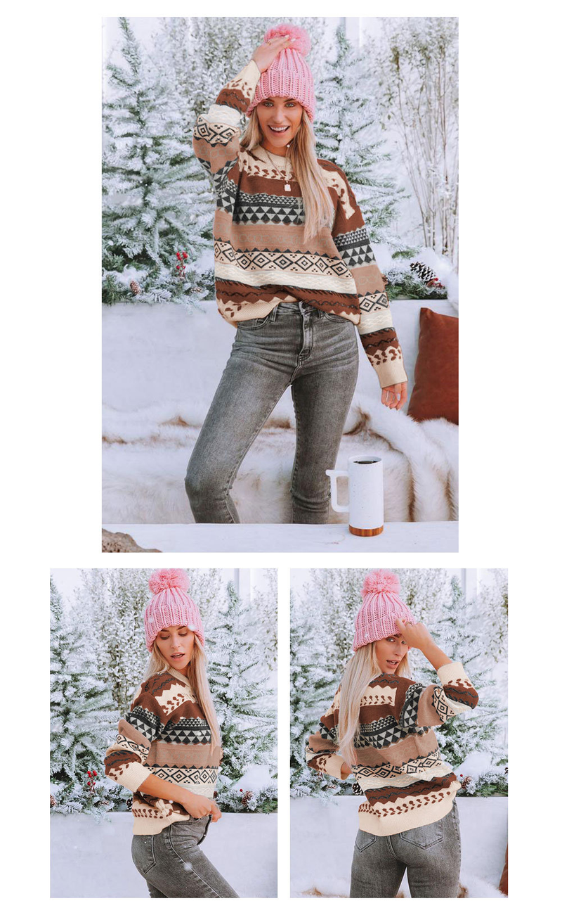 Women's clothing retro pattern diamond jacquard multi-color stitching sweater Halloween pullover sweater for women_voghion.com