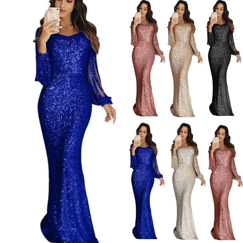 Damenbekleidung Langer Rock Abendkleid Langärmliges Abendkleid mit Quaste_voghion.com