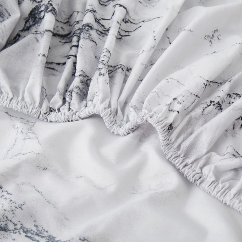 Grey White Marble Patterned Polyester 3D Printed Fitted Bed Sheet Set With Pillowcases_voghion.com