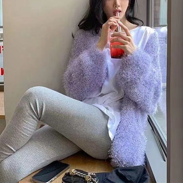 Women's Clothing Solid Color Imitation Mink Sweater Women's V-Neck Knit Cardigan - Lightweight & Stylish Open Front Sweater For Casual & Chic Outfits_voghion.com