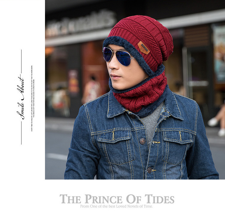 Cappello invernale da uomo alla moda per l'autunno e l'inverno, cappello lavorato a maglia da uomo, più cappello pullover e sciarpa in velluto di lana ispessita_voghion.com