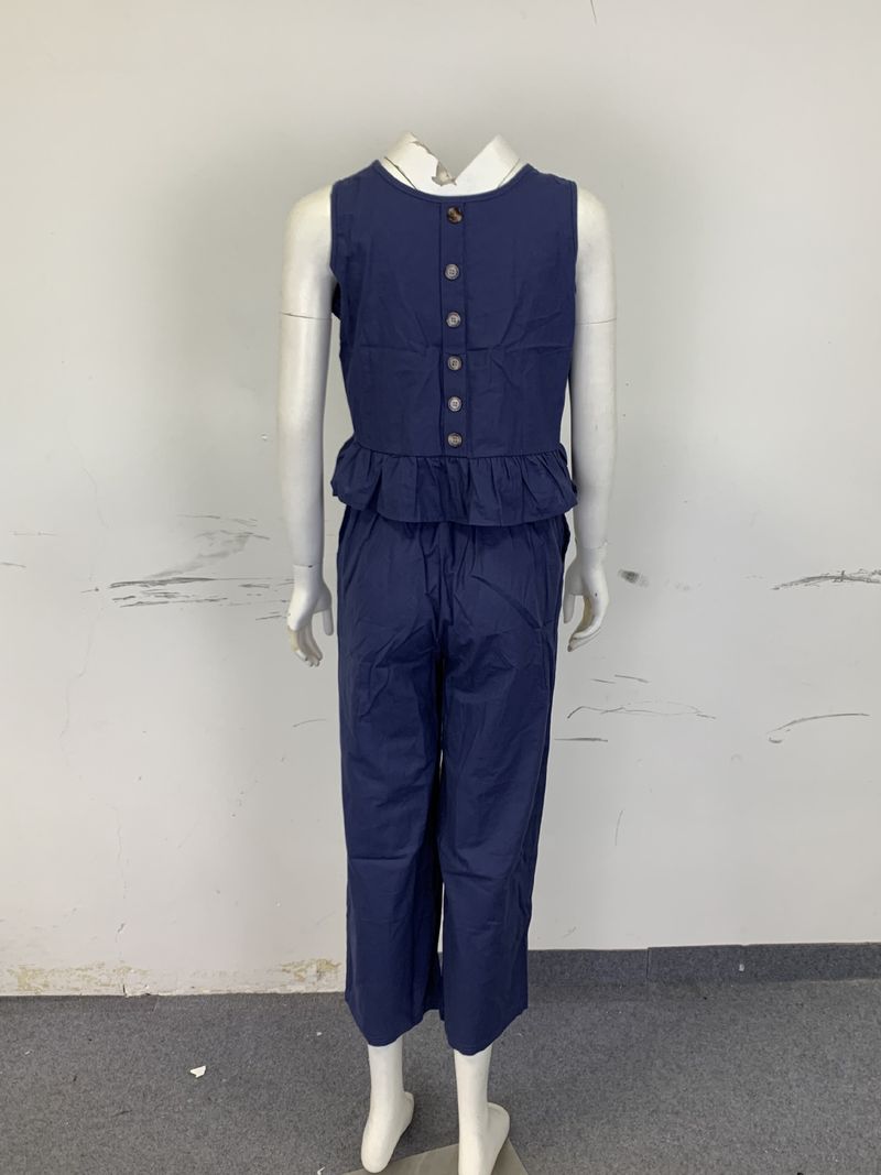 Ärmelloses Rüschenoberteil und weit geschnittene Hose aus Leinen-Baumwolle für Damen – Bohemian-Sommeroutfit_voghion.com