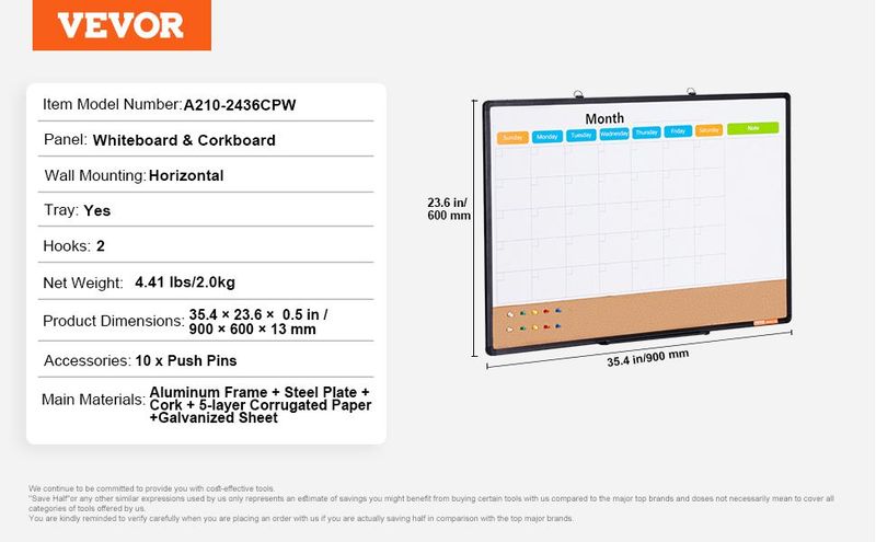 VEVOR 36"x 24" Monthly Calendar Whiteboard & Cork Board Combo With Aluminum Frame_voghion.com