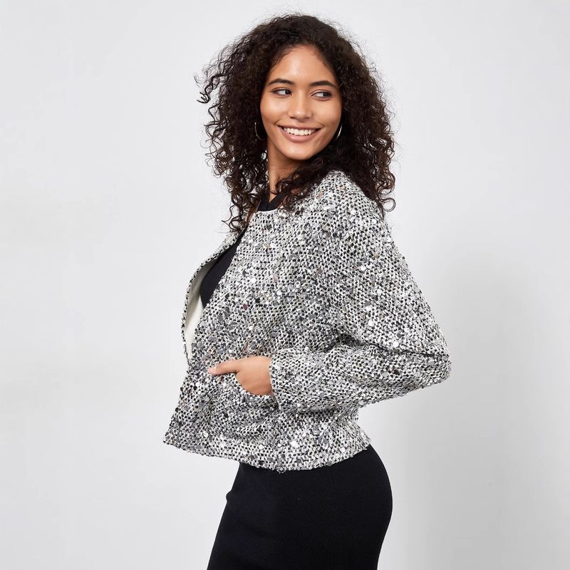 Women's Fashion Sequin Autumn Winter New Socialite Style Round Neck Long Sleeve Jacket_voghion.com