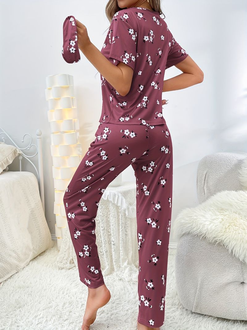 Loungewear für Damen, Rundhalsausschnitt, Kurzarmhose, Milchseide, Volldruck, kleine Blume, mit Augenmaske, dreiteiliger Pyjama_voghion.com