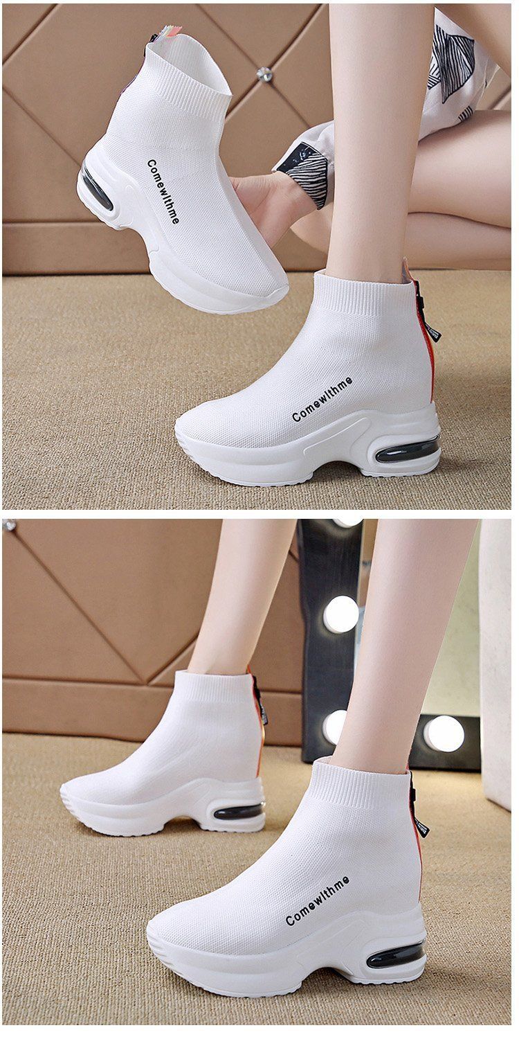 Women's Chunky Sole Platform Sneakers - Breathable High-Top Lace-Up Shoes With Back Zipper For Casual & Sporty Style_voghion.com