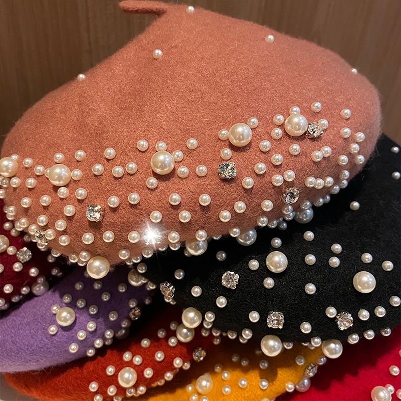 Hot Sale Cashmere Winter Wool Beret with Rhinestone Pearls Berets Female Elegant Autumn Spring Hat Women Solid Color French Style_voghion.com