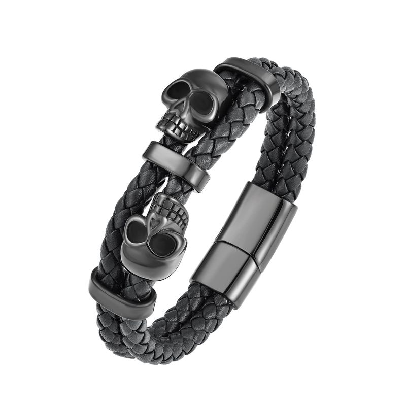 Braccialetto in pelle con teschio e corda rotonda bicolore in acciaio con chiusura magnetica per Halloween e perline in pietra naturale pura_voghion.com