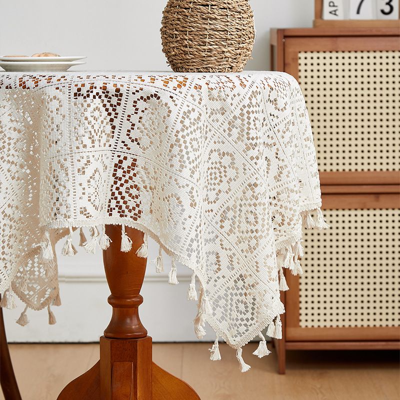 Vintage Geometric Crochet Tablecloth Rectangular Cotton Blend Non-Slip For Dining Coffee Table Farmhouse Decor (60x60 To 150x305cm, Beige/Black)_voghion.com