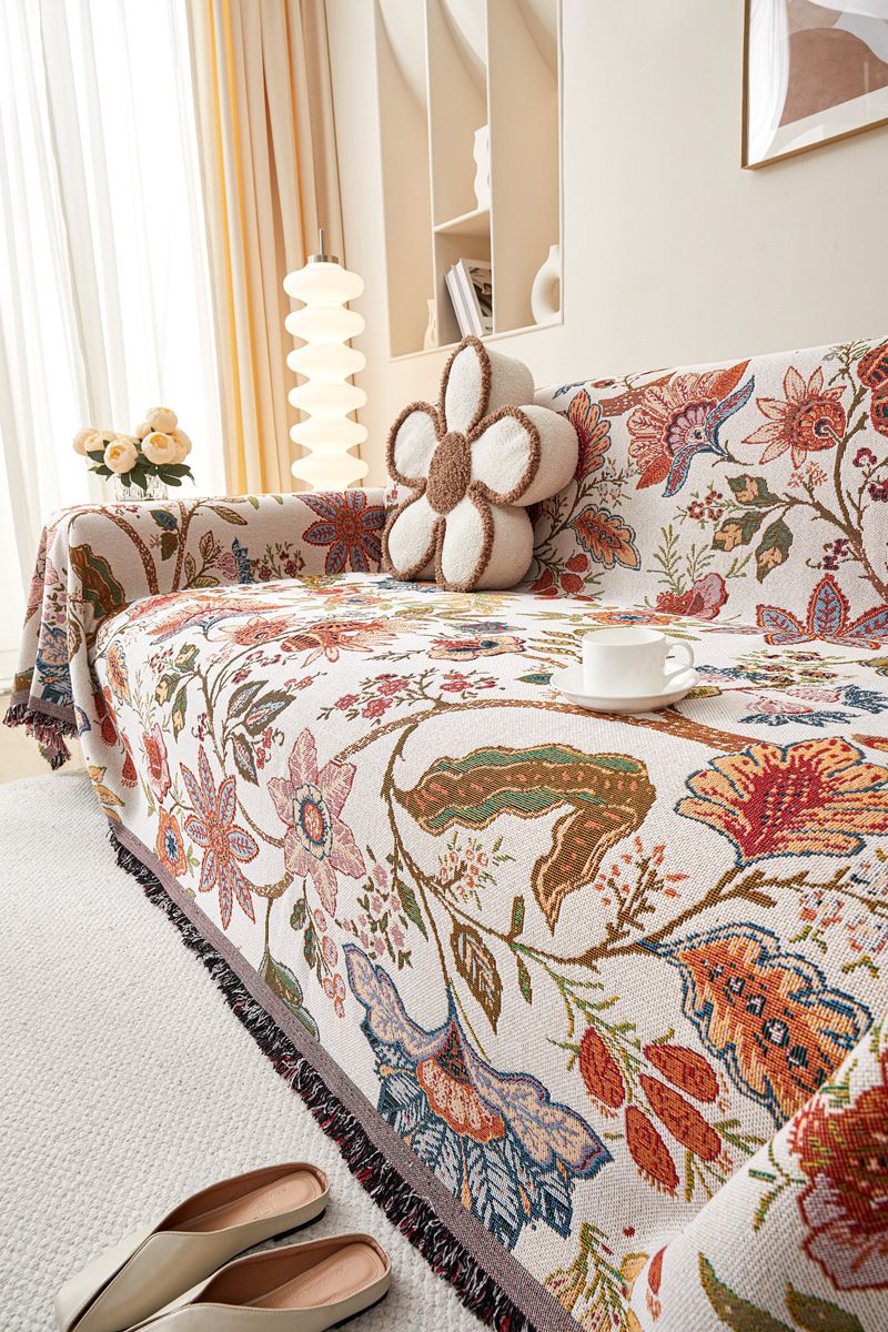 American Style Ethnic Floral Sofa Cover Throw Blanket - Thick Cotton Polyester Fabric For 3-Seater Couch - Geometric Patterns In Multiple Sizes_voghion.com