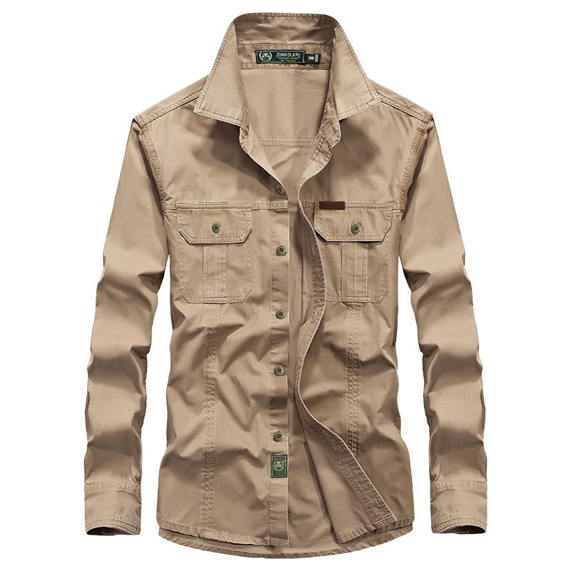 Men's Loose Fit Long Sleeve Shirt For Spring And Autumn, Casual Workwear With Multiple Pockets, Lightweight_voghion.com