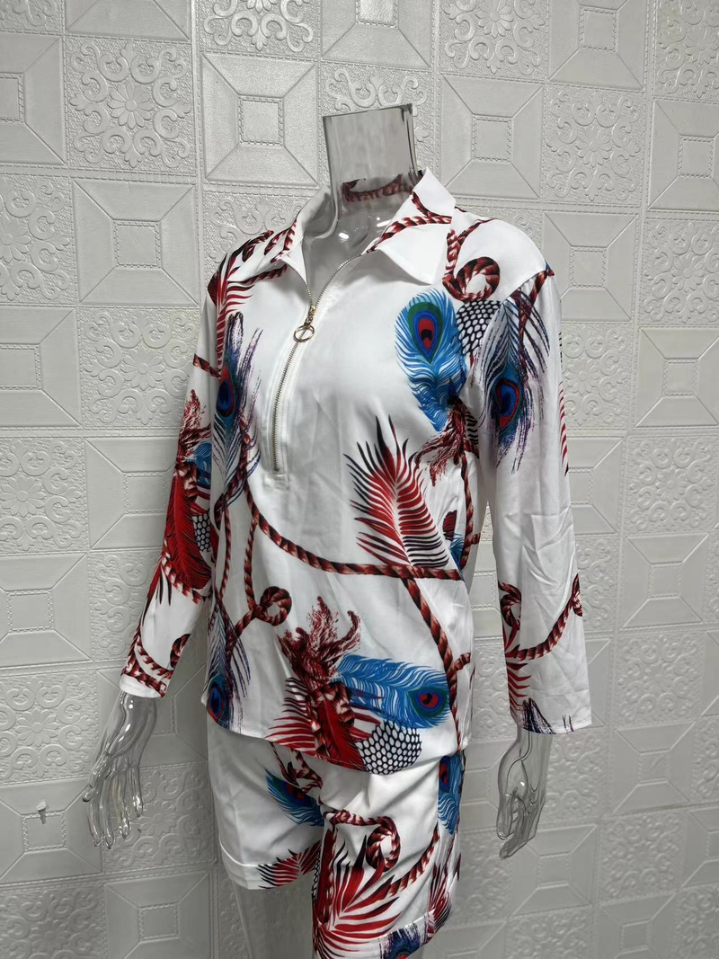 Abito da donna a due pezzi con camicetta a maniche lunghe con cerniera stampata e pantaloncini_voghion.com