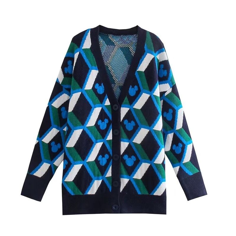 Damenbekleidung 2024 Herbst und Winter Neuheit kontrastierend bedruckte Strickjacke_voghion.com