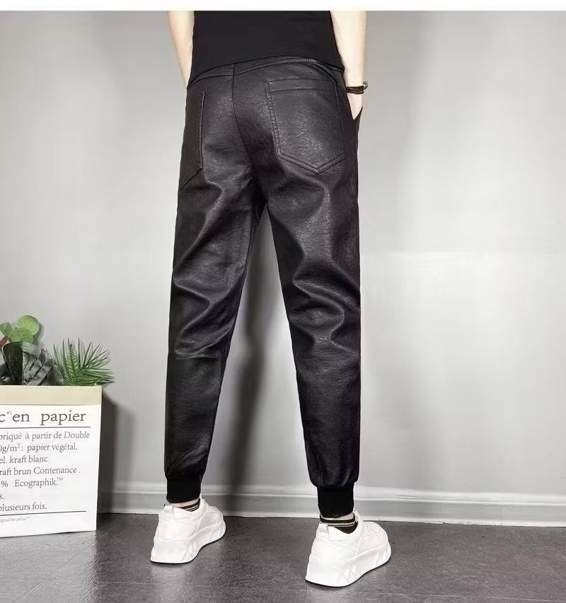 Men's Clothing plus velvet warm cycling windproof leather pants men's pure black slim feet thick casual long pants_voghion.com