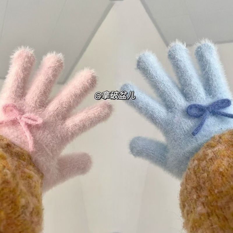 Guanti invernali da donna con dita, spessi e caldi, in peluche, con fiocco a forma di cuore, in polvere di latte blu_voghion.com