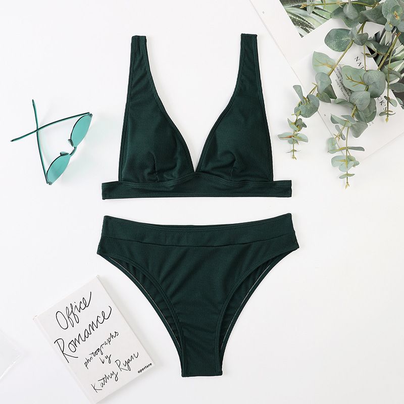 Verve New High-Waisted Small Ribbed Swimsuit For Women Solid Color Sexy Two-Piece Bikini Swimwear_voghion.com