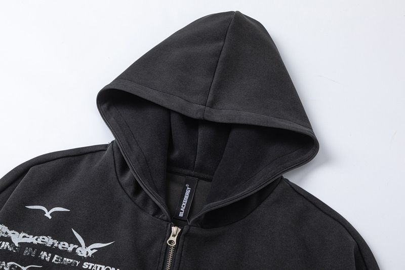 Men’s Oversized Hooded Zip-Up Sweatshirt – Vintage Washed Look, Streetwear Letter Print, Hip-Hop Style Open Front Jacket_voghion.com