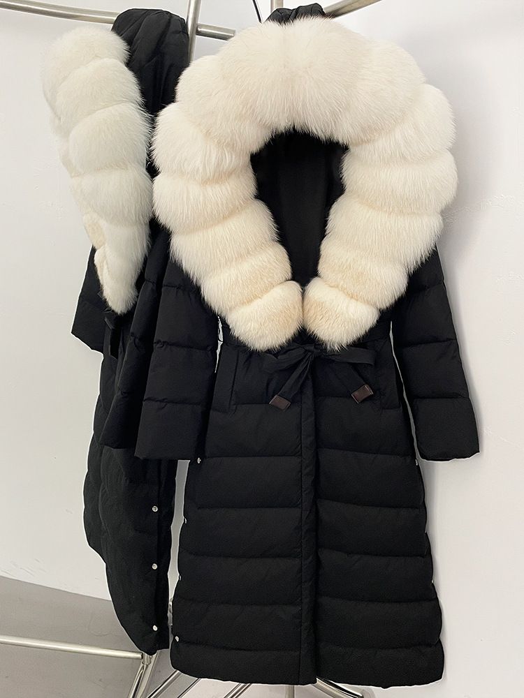 Women’s Long Hooded Down Coat With Detachable Fox Fur Trim, Belted Waist For A Slim Fit, Ultra-Warm Winter Jacket_voghion.com